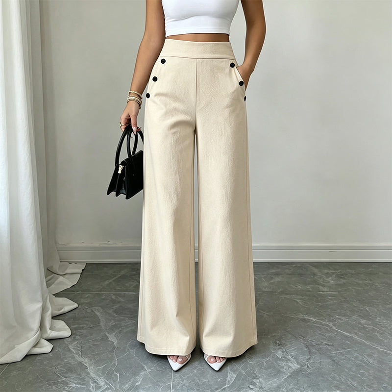 🖤 Pantalon Femme Taille‑Haute Jambes‑Larges, Modèle Élégant Avec Boutons Décoratifs Latéraux et Poches✨Tissu Fluide Confortable Adapté À Toutes Silhouettes