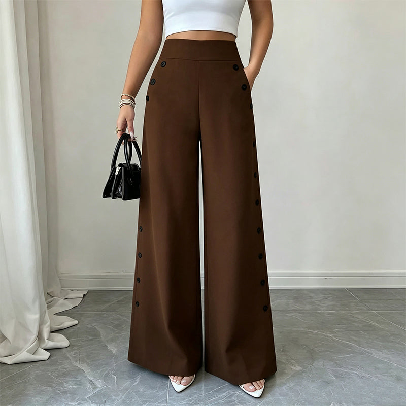 🖤 Pantalon Femme Taille‑Haute Jambes‑Larges, Modèle Élégant Avec Boutons Décoratifs Latéraux et Poches✨Tissu Fluide Confortable Adapté À Toutes Silhouettes