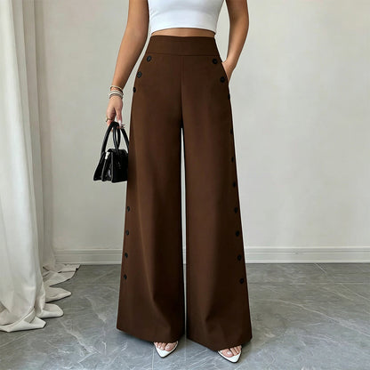 🖤 Pantalon Femme Taille‑Haute Jambes‑Larges, Modèle Élégant Avec Boutons Décoratifs Latéraux et Poches✨Tissu Fluide Confortable Adapté À Toutes Silhouettes