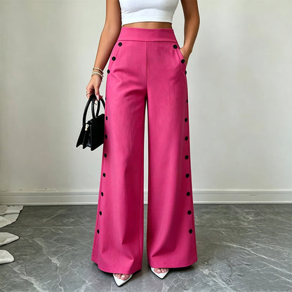 🖤 Pantalon Femme Taille‑Haute Jambes‑Larges, Modèle Élégant Avec Boutons Décoratifs Latéraux et Poches✨Tissu Fluide Confortable Adapté À Toutes Silhouettes