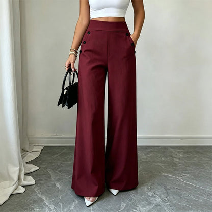 🖤 Pantalon Femme Taille‑Haute Jambes‑Larges, Modèle Élégant Avec Boutons Décoratifs Latéraux et Poches✨Tissu Fluide Confortable Adapté À Toutes Silhouettes