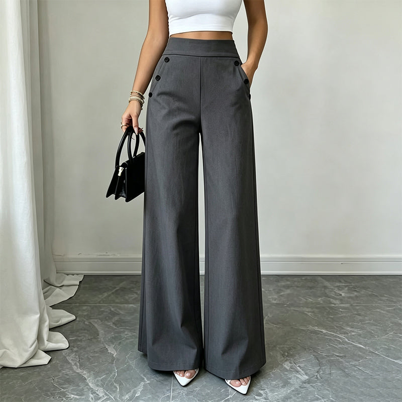 🖤 Pantalon Femme Taille‑Haute Jambes‑Larges, Modèle Élégant Avec Boutons Décoratifs Latéraux et Poches✨Tissu Fluide Confortable Adapté À Toutes Silhouettes