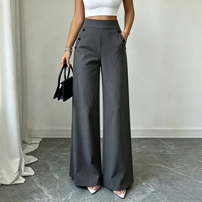 🖤 Pantalon Femme Taille‑Haute Jambes‑Larges, Modèle Élégant Avec Boutons Décoratifs Latéraux et Poches✨Tissu Fluide Confortable Adapté À Toutes Silhouettes