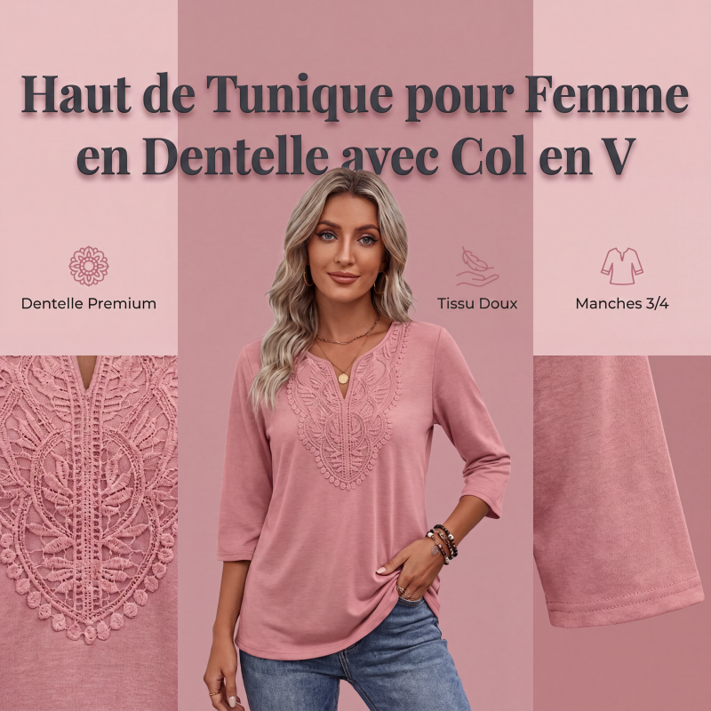 Tunique pour femme à col V, bord en dentelle et manches 3/4