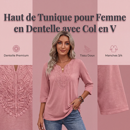 Tunique pour femme à col V, bord en dentelle et manches 3/4