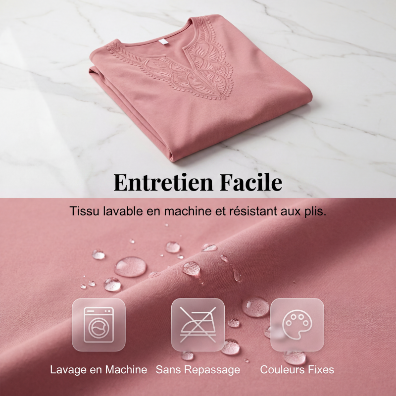 Tunique pour femme à col V, bord en dentelle et manches 3/4
