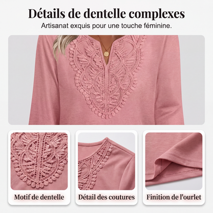 Tunique pour femme à col V, bord en dentelle et manches 3/4