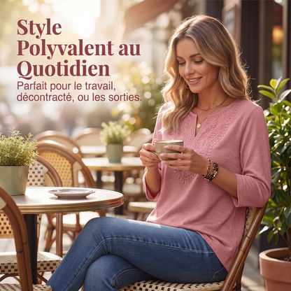 Tunique pour femme à col V, bord en dentelle et manches 3/4