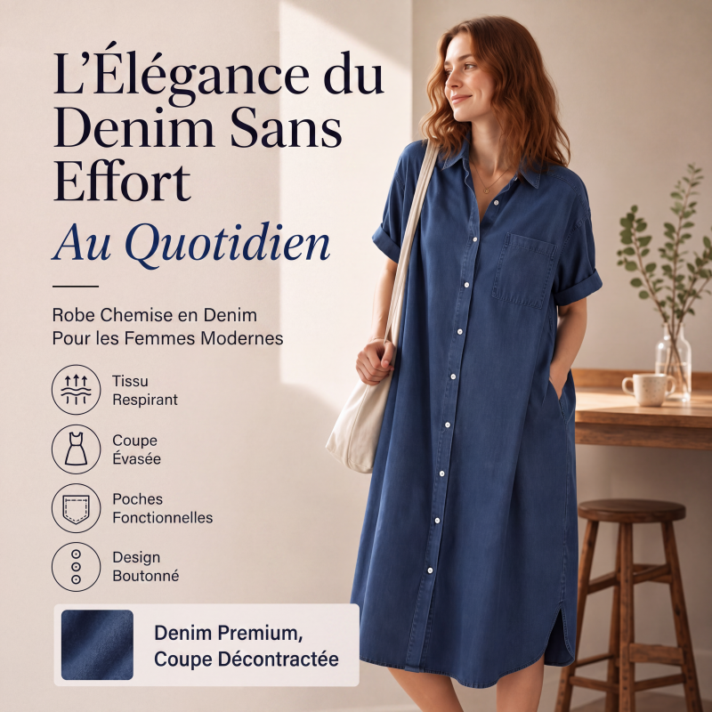 🔥‑50 % Robe longue en jean coupe décontractée boutonnée devant🤍✨ Robe‑chemise pratique avec poches, style simple et intemporel