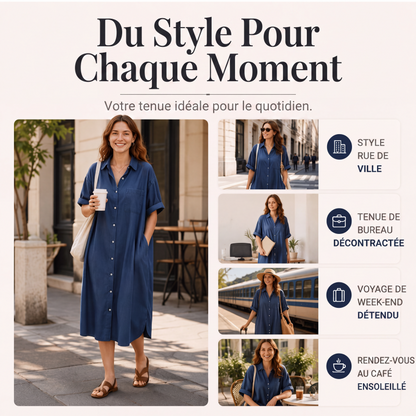 🔥‑50 % Robe longue en jean coupe décontractée boutonnée devant🤍✨ Robe‑chemise pratique avec poches, style simple et intemporel