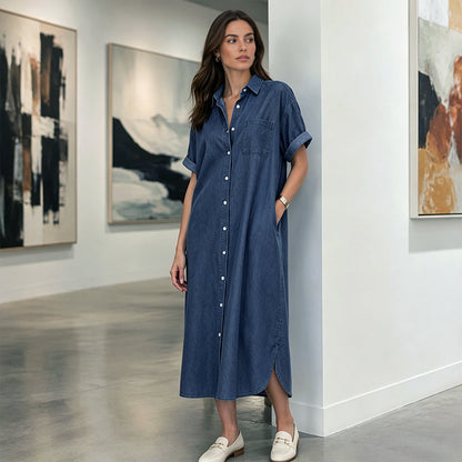 🔥‑50 % Robe longue en jean coupe décontractée boutonnée devant🤍✨ Robe‑chemise pratique avec poches, style simple et intemporel