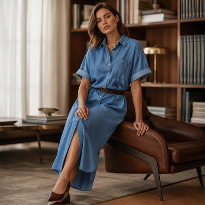 🔥‑50 % Robe longue en jean coupe décontractée boutonnée devant🤍✨ Robe‑chemise pratique avec poches, style simple et intemporel
