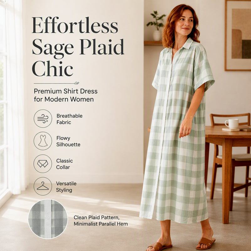 💙 Robe‑Chemise Longue À Carreaux Femme, Robe Maxi Ouverte À Boutons Manches Courtes Coupe Ample🧊Avec Poches Adaptée Toutes Silhouettes