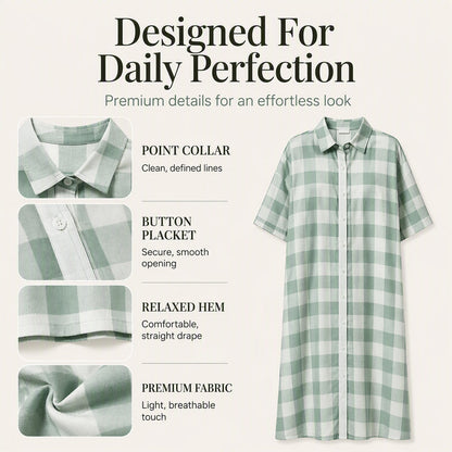 💙 Robe‑Chemise Longue À Carreaux Femme, Robe Maxi Ouverte À Boutons Manches Courtes Coupe Ample🧊Avec Poches Adaptée Toutes Silhouettes