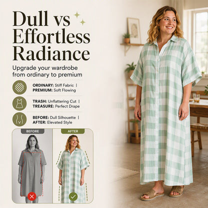 💙 Robe‑Chemise Longue À Carreaux Femme, Robe Maxi Ouverte À Boutons Manches Courtes Coupe Ample🧊Avec Poches Adaptée Toutes Silhouettes