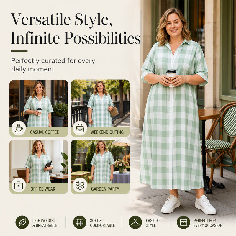 💙 Robe‑Chemise Longue À Carreaux Femme, Robe Maxi Ouverte À Boutons Manches Courtes Coupe Ample🧊Avec Poches Adaptée Toutes Silhouettes