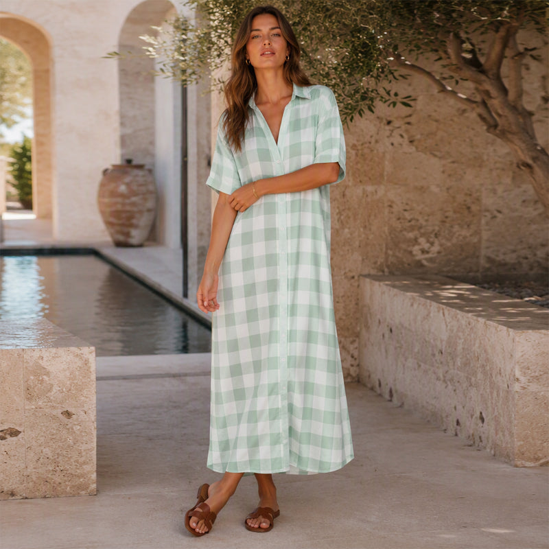 💙 Robe‑Chemise Longue À Carreaux Femme, Robe Maxi Ouverte À Boutons Manches Courtes Coupe Ample🧊Avec Poches Adaptée Toutes Silhouettes