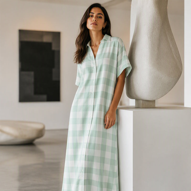 💙 Robe‑Chemise Longue À Carreaux Femme, Robe Maxi Ouverte À Boutons Manches Courtes Coupe Ample🧊Avec Poches Adaptée Toutes Silhouettes