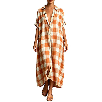 💙 Robe‑Chemise Longue À Carreaux Femme, Robe Maxi Ouverte À Boutons Manches Courtes Coupe Ample🧊Avec Poches Adaptée Toutes Silhouettes