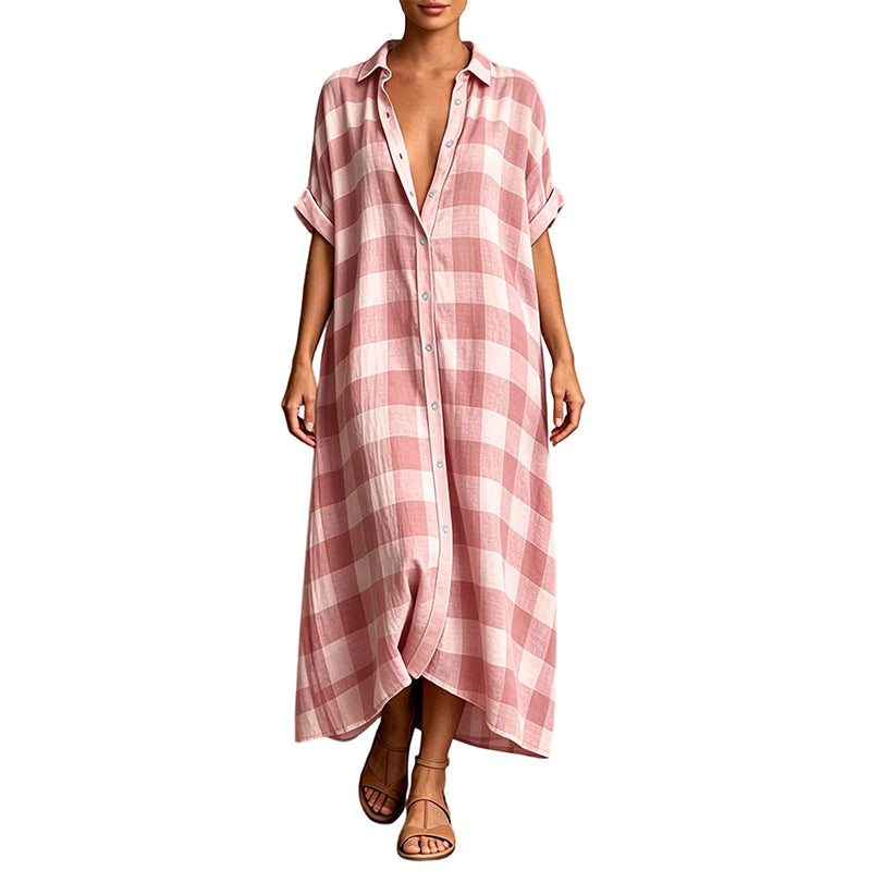 💙 Robe‑Chemise Longue À Carreaux Femme, Robe Maxi Ouverte À Boutons Manches Courtes Coupe Ample🧊Avec Poches Adaptée Toutes Silhouettes