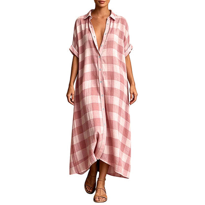 💙 Robe‑Chemise Longue À Carreaux Femme, Robe Maxi Ouverte À Boutons Manches Courtes Coupe Ample🧊Avec Poches Adaptée Toutes Silhouettes