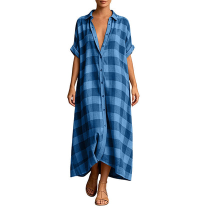 💙 Robe‑Chemise Longue À Carreaux Femme, Robe Maxi Ouverte À Boutons Manches Courtes Coupe Ample🧊Avec Poches Adaptée Toutes Silhouettes