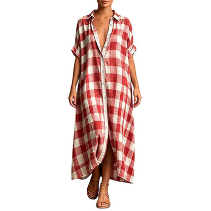 💙 Robe‑Chemise Longue À Carreaux Femme, Robe Maxi Ouverte À Boutons Manches Courtes Coupe Ample🧊Avec Poches Adaptée Toutes Silhouettes