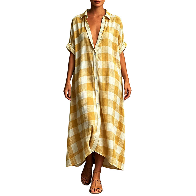 💙 Robe‑Chemise Longue À Carreaux Femme, Robe Maxi Ouverte À Boutons Manches Courtes Coupe Ample🧊Avec Poches Adaptée Toutes Silhouettes