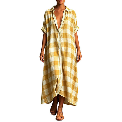 💙 Robe‑Chemise Longue À Carreaux Femme, Robe Maxi Ouverte À Boutons Manches Courtes Coupe Ample🧊Avec Poches Adaptée Toutes Silhouettes
