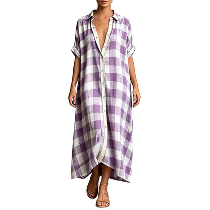 💙 Robe‑Chemise Longue À Carreaux Femme, Robe Maxi Ouverte À Boutons Manches Courtes Coupe Ample🧊Avec Poches Adaptée Toutes Silhouettes