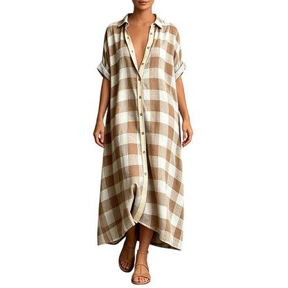 💙 Robe‑Chemise Longue À Carreaux Femme, Robe Maxi Ouverte À Boutons Manches Courtes Coupe Ample🧊Avec Poches Adaptée Toutes Silhouettes