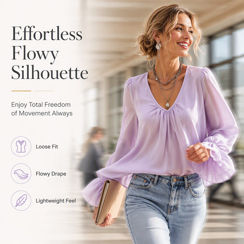 🔥‑57% DE RÉDUCTION｜Blouse unie élégante à col V et manches cloche, large choix de coloris doux🤍 Haut ample qui masque les rondeurs du torse, tissu aéré sans sensation de serrage