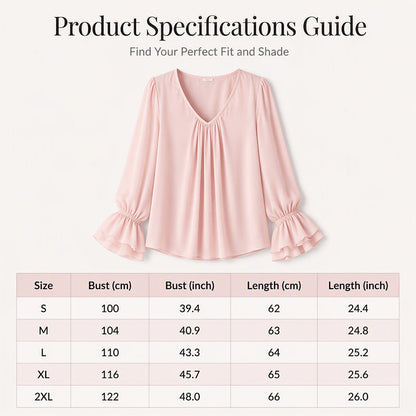 🔥‑57% DE RÉDUCTION｜Blouse unie élégante à col V et manches cloche, large choix de coloris doux🤍 Haut ample qui masque les rondeurs du torse, tissu aéré sans sensation de serrage