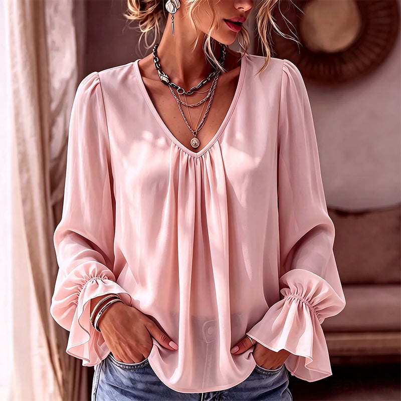 🔥‑57% DE RÉDUCTION｜Blouse unie élégante à col V et manches cloche, large choix de coloris doux🤍 Haut ample qui masque les rondeurs du torse, tissu aéré sans sensation de serrage
