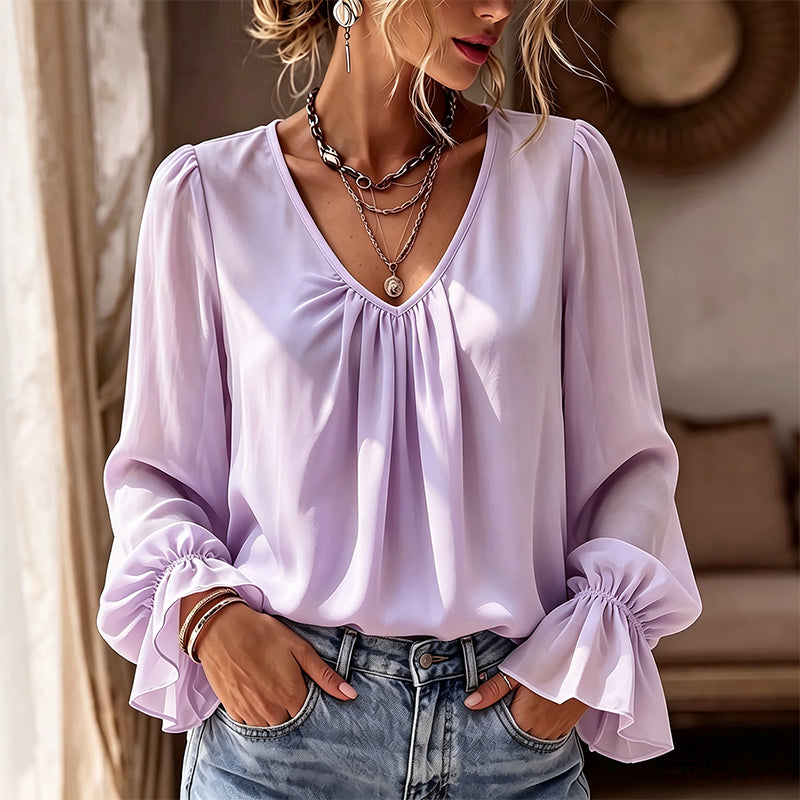 🔥‑57% DE RÉDUCTION｜Blouse unie élégante à col V et manches cloche, large choix de coloris doux🤍 Haut ample qui masque les rondeurs du torse, tissu aéré sans sensation de serrage