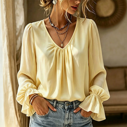🔥‑57% DE RÉDUCTION｜Blouse unie élégante à col V et manches cloche, large choix de coloris doux🤍 Haut ample qui masque les rondeurs du torse, tissu aéré sans sensation de serrage