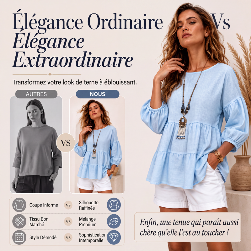 🔥‑57% DE RÉDUCTION｜Blouse à manches lanternes et volants étagés, riche palette de coloris unis💙 Blouse Femme à Manches Lanternes et Volants Étagés, Haut Ample Encolure Ronde Tissu Léger