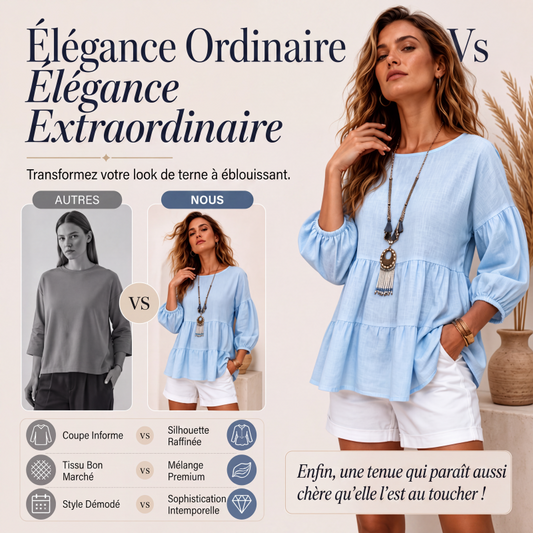 🔥‑57% DE RÉDUCTION｜Blouse à manches lanternes et volants étagés, riche palette de coloris unis💙 Blouse Femme à Manches Lanternes et Volants Étagés, Haut Ample Encolure Ronde Tissu Léger