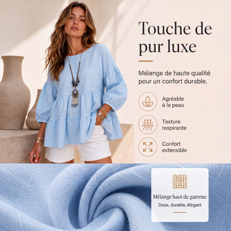 🔥‑57% DE RÉDUCTION｜Blouse à manches lanternes et volants étagés, riche palette de coloris unis💙 Blouse Femme à Manches Lanternes et Volants Étagés, Haut Ample Encolure Ronde Tissu Léger