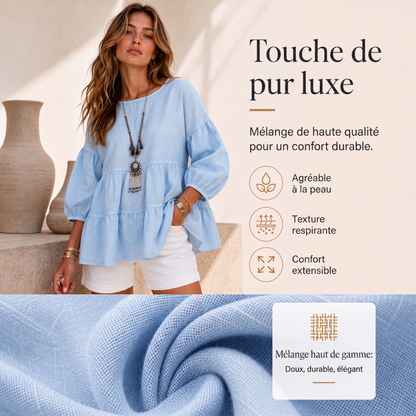 🔥‑57% DE RÉDUCTION｜Blouse à manches lanternes et volants étagés, riche palette de coloris unis💙 Blouse Femme à Manches Lanternes et Volants Étagés, Haut Ample Encolure Ronde Tissu Léger
