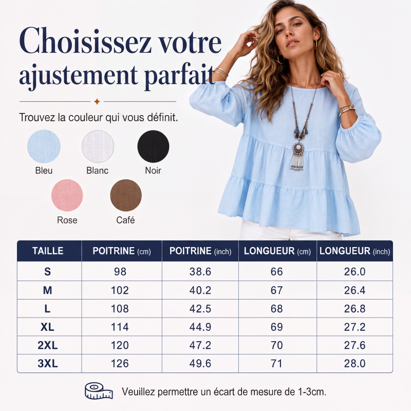 🔥‑57% DE RÉDUCTION｜Blouse à manches lanternes et volants étagés, riche palette de coloris unis💙 Blouse Femme à Manches Lanternes et Volants Étagés, Haut Ample Encolure Ronde Tissu Léger