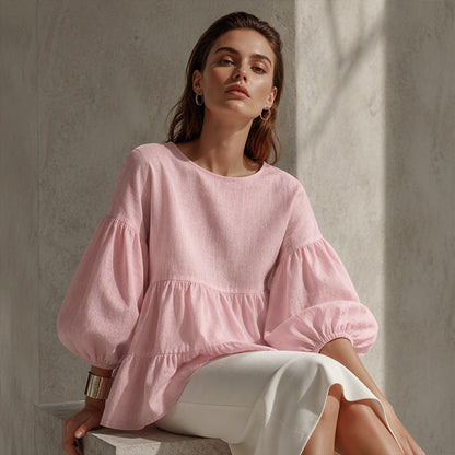 🔥‑57% DE RÉDUCTION｜Blouse à manches lanternes et volants étagés, riche palette de coloris unis💙 Blouse Femme à Manches Lanternes et Volants Étagés, Haut Ample Encolure Ronde Tissu Léger