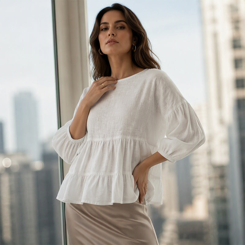 🔥‑57% DE RÉDUCTION｜Blouse à manches lanternes et volants étagés, riche palette de coloris unis💙 Blouse Femme à Manches Lanternes et Volants Étagés, Haut Ample Encolure Ronde Tissu Léger