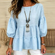 🔥‑57% DE RÉDUCTION｜Blouse à manches lanternes et volants étagés, riche palette de coloris unis💙 Blouse Femme à Manches Lanternes et Volants Étagés, Haut Ample Encolure Ronde Tissu Léger