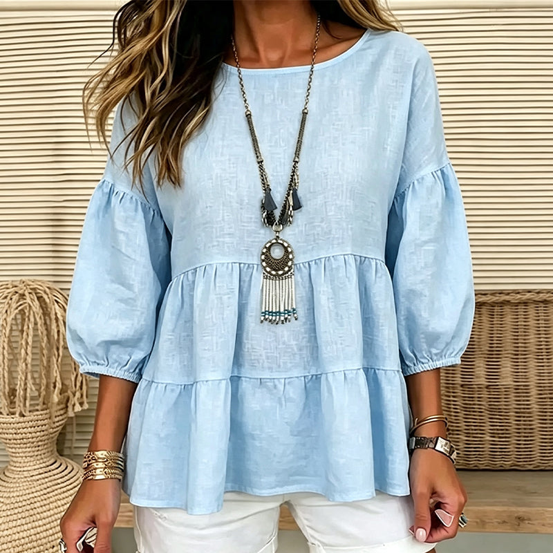 🔥‑57% DE RÉDUCTION｜Blouse à manches lanternes et volants étagés, riche palette de coloris unis💙 Blouse Femme à Manches Lanternes et Volants Étagés, Haut Ample Encolure Ronde Tissu Léger
