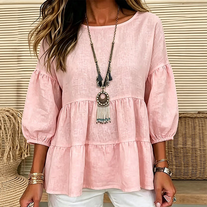 🔥‑57% DE RÉDUCTION｜Blouse à manches lanternes et volants étagés, riche palette de coloris unis💙 Blouse Femme à Manches Lanternes et Volants Étagés, Haut Ample Encolure Ronde Tissu Léger