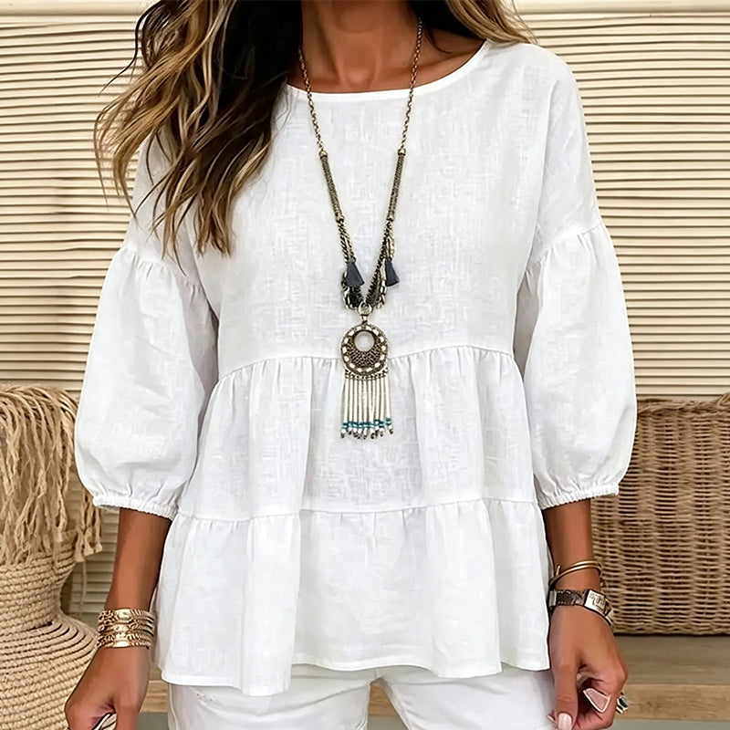🔥‑57% DE RÉDUCTION｜Blouse à manches lanternes et volants étagés, riche palette de coloris unis💙 Blouse Femme à Manches Lanternes et Volants Étagés, Haut Ample Encolure Ronde Tissu Léger