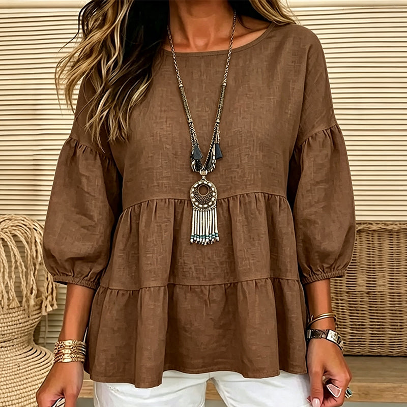 🔥‑57% DE RÉDUCTION｜Blouse à manches lanternes et volants étagés, riche palette de coloris unis💙 Blouse Femme à Manches Lanternes et Volants Étagés, Haut Ample Encolure Ronde Tissu Léger
