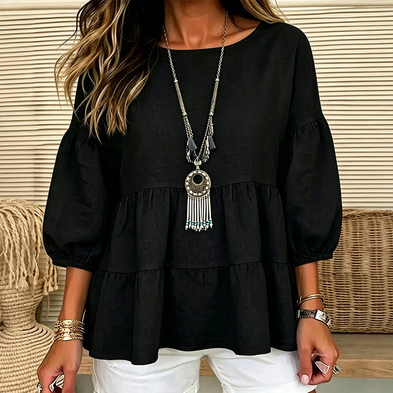 🔥‑57% DE RÉDUCTION｜Blouse à manches lanternes et volants étagés, riche palette de coloris unis💙 Blouse Femme à Manches Lanternes et Volants Étagés, Haut Ample Encolure Ronde Tissu Léger
