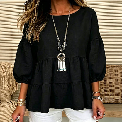 🔥‑57% DE RÉDUCTION｜Blouse à manches lanternes et volants étagés, riche palette de coloris unis💙 Blouse Femme à Manches Lanternes et Volants Étagés, Haut Ample Encolure Ronde Tissu Léger